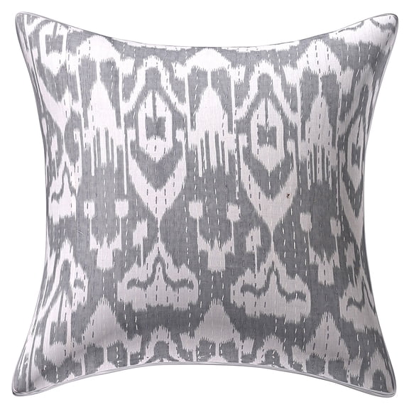 Stylo Culture Ethnic Sofa Throw Pillow Cover 16 x 16 Kantha Printed Grey White Traditional 40cm x 40cm Home Decor Cotton Ikat Square Cushion Cover | 1 Pc
