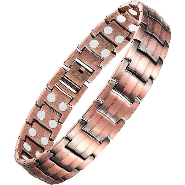 pulsera magnética de cobre vevor para aliviar el dolor de la artritis 22 cm Pulsera de cobre color cobre de 22 cm (8.66 in) y 1.5 cm de ancho, eslabones anchos con cierre de hebilla y 46 imanes visibles en el interior; acabado cepillado, incluye herramienta de ajuste y caja de regalo; estilo masculino y que suele utilizarse también como accesorio de viaje.