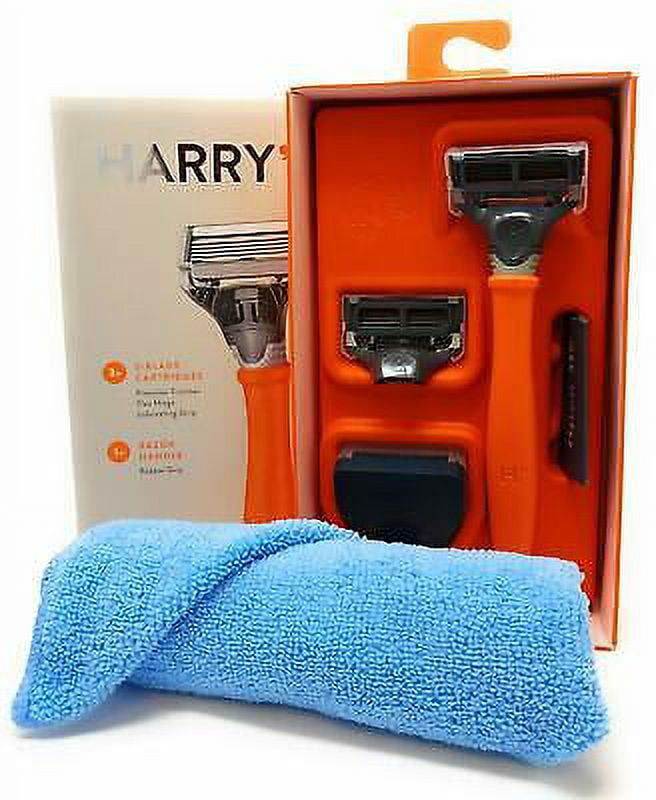 Harry's Razor Handle (Orange) Replacement Cartridges Post Shave Balm and Towel