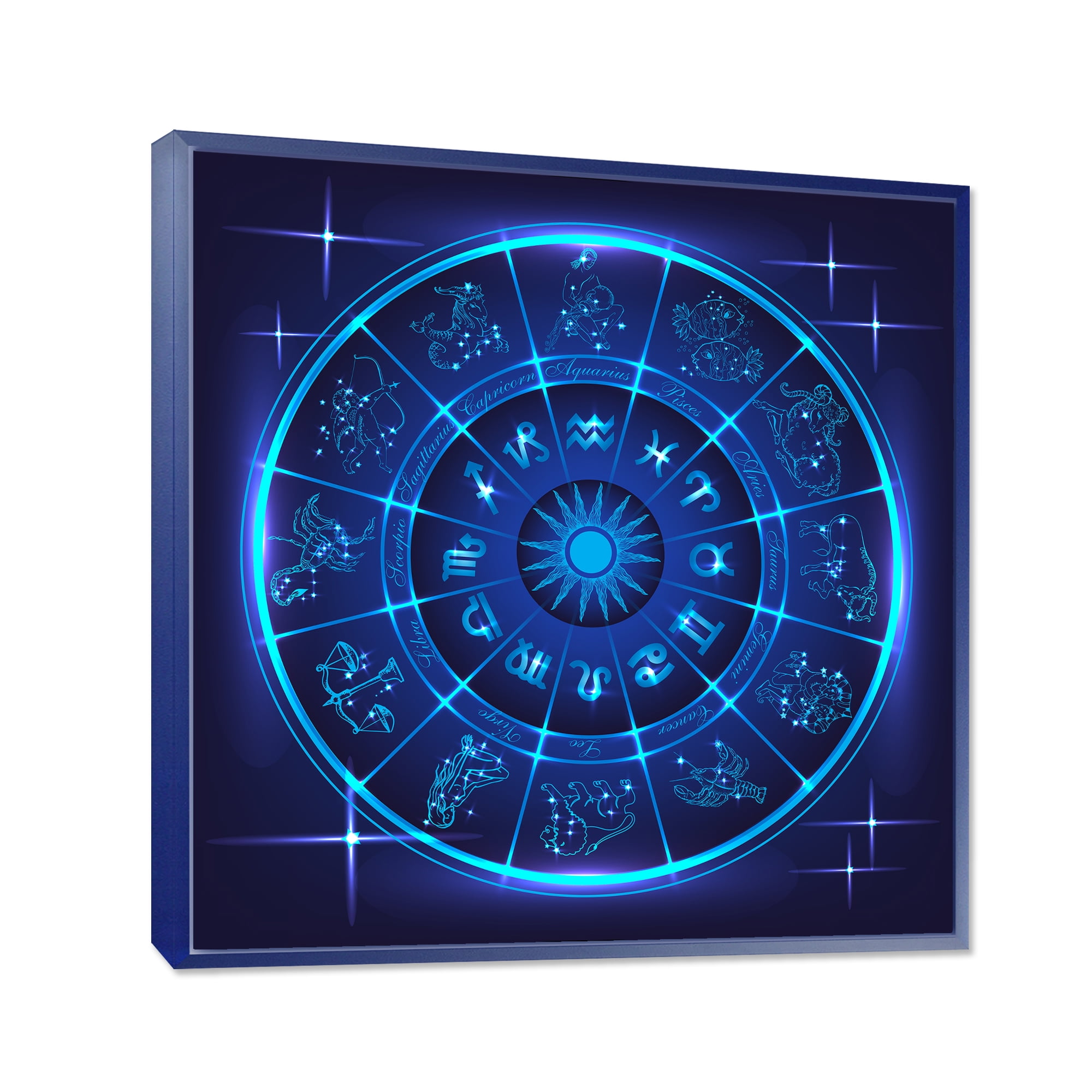 Designart 'Zodiac Signs With Neon Deep Blue Horoscope Circle' Modern Framed Canvas Wall Art Print