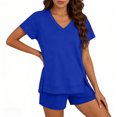 thumbnail image 5 of Bloomae Womens Two Piece Sets Summer V Neck Basic Solid Color Athletic Workout Short Sets Loose Casual Side Slit Short Sleeve Pullover Tops and Drawstring Elastic Waist Shorts with Pockets Blue L, 5 of 7