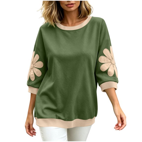 Wensltd Women Sweatshirt Round Neck Three Quarter Sleeve Soft Pullover Casual Loose Fit Tops