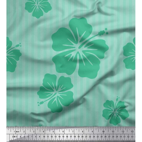 Soimoi Green Cotton Duck Fabric Stripe & Floral Print Fabric by the Yard 42 Inch Wide
