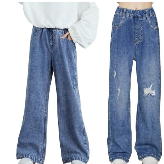 XinLfly Girl's Elastic High Waist Straight Leg Button Jeans Pants Streetwear Casual Solid Color Denim Pants with Pocket,Blue2,Blue2 13-14