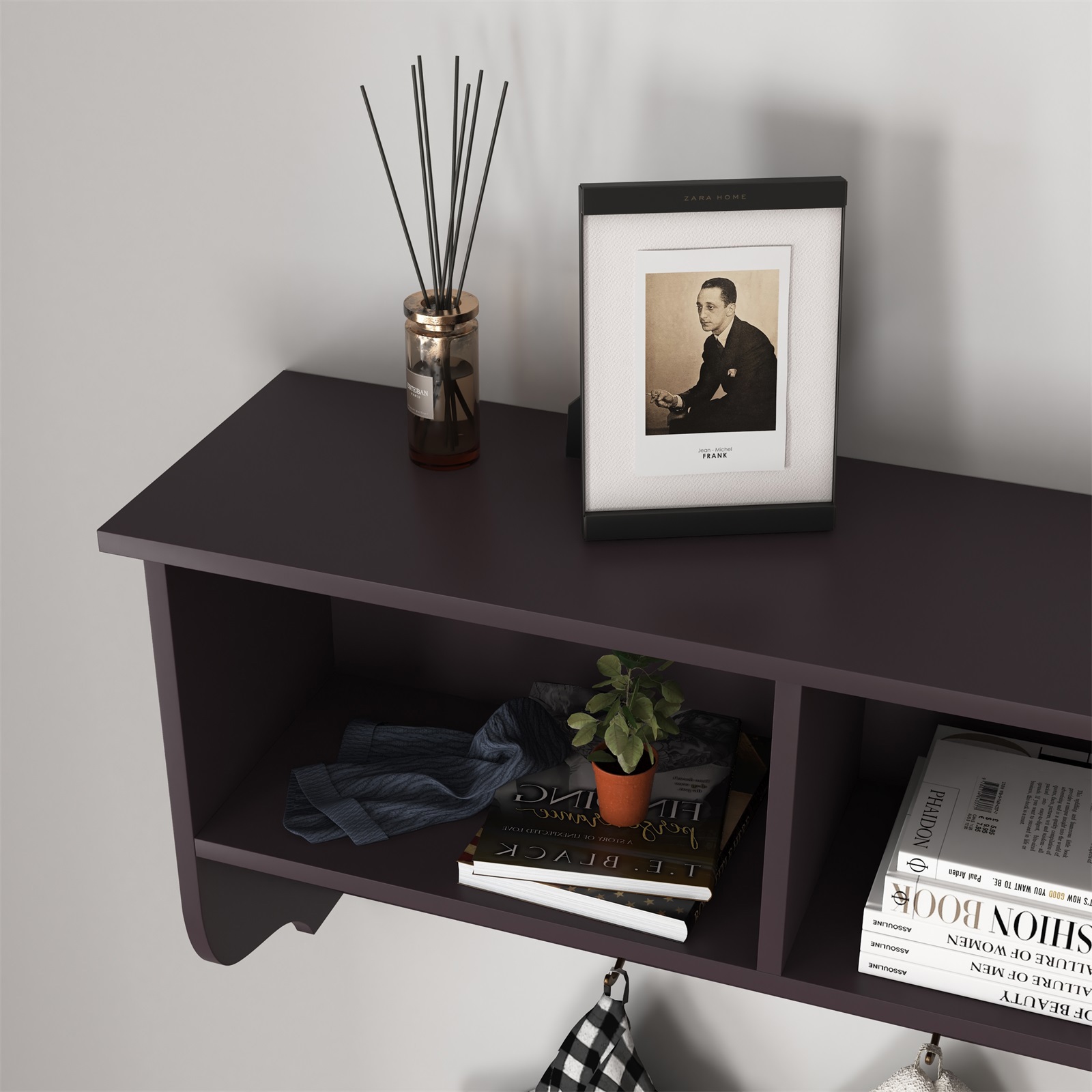 Hommoo Wall-Mounted Storage Cabinet, Hanging Entryway Shelf Coat Rack, 3 Open Shelves& 4 Dual Hooks, Espresso