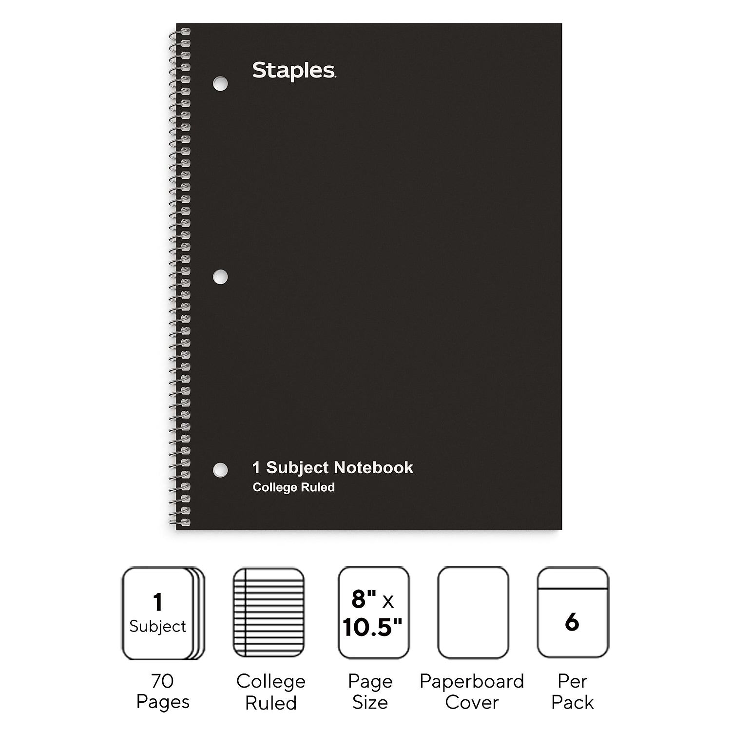 Staples 1-Subject Notebook 8" x 10.5" College Ruled 70 Sheets Black 18/Carton ST58374CVS