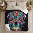 thumbnail image 5 of Turquoise Sugar Skull with Heart Crown, Playful Folk Art Style for Skull Art Lovers, Floral Face Pattern and Halloween Gift, Soft Flannel Blanket for Bedroom and Living Room, Gothic Home Decor, 5 of 9