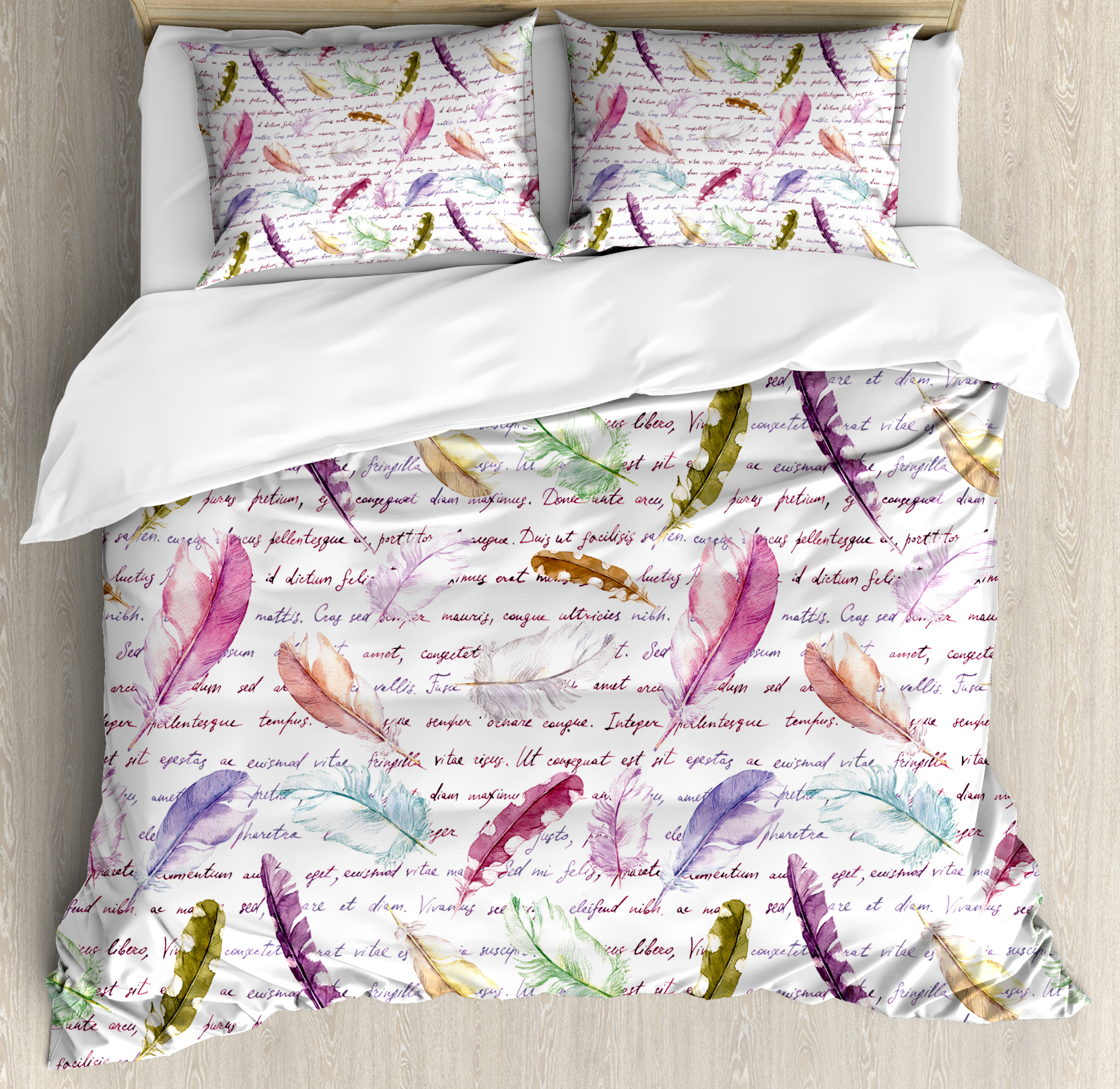 Feather King Size Duvet Cover Set, Colorful Feathers and Hand Written