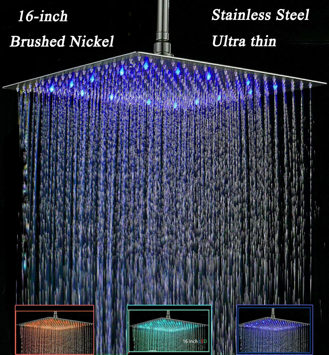 Stainless Steel 16"LED Shower Head Ceiling/Wall Mount Chrome Rain Square Sprayer 