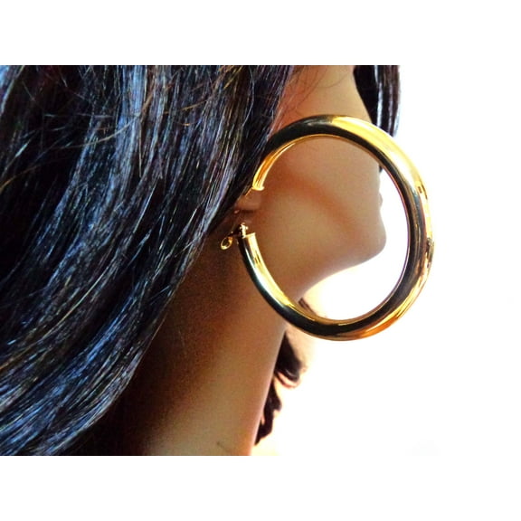 Large Round Thick Hoop Earrings Plated Gold Tone 2.75 inch Hoops