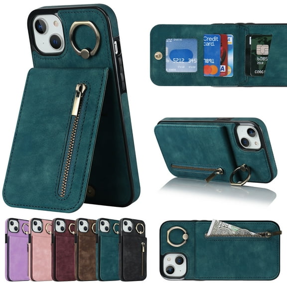 ELEHOLD for iPhone 14 Plus 6.7" Vintage Leather Wallet Case,Practical Card Holders RFID Blocking Zipper Wallet Kickstand Ring Holder Shockproof Anti-Scratch Case for Women Men,Blue