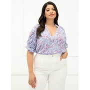 ELOQUII Elements Women's Plus Size Zebra Print Ruched Sleeve Top
