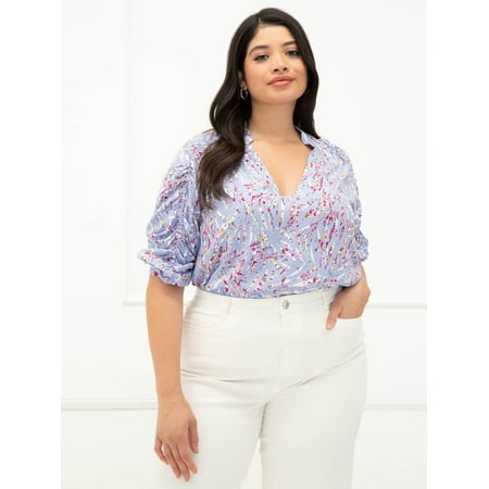 ELOQUII Elements Women's Plus Size Zebra Print Ruched Sleeve Top