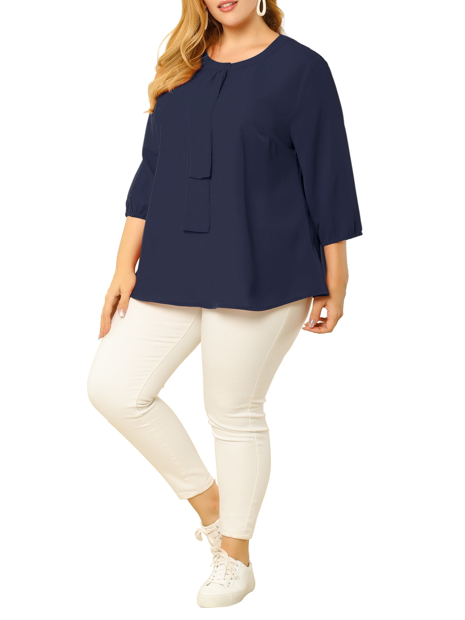 Unique Bargains Juniors' Plus Size Work Round Neck Ruffle Chiffon Blouse Top Navy Blue 3X