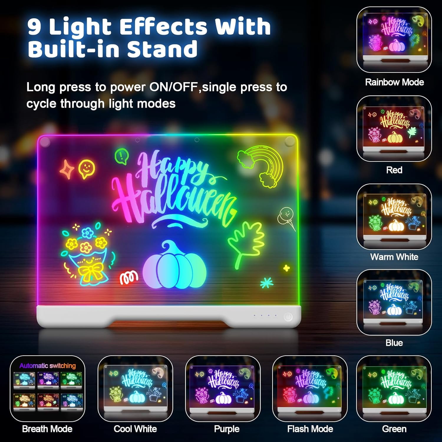 Rechargable "13.7"X10" LED Light-Up Dry Erase Board with 9-Color Neon Doodle Glow, Adjustable Lights Button & Stand - Night Light for Kids Room/Office/Gift, Includes 5 Markers (white)