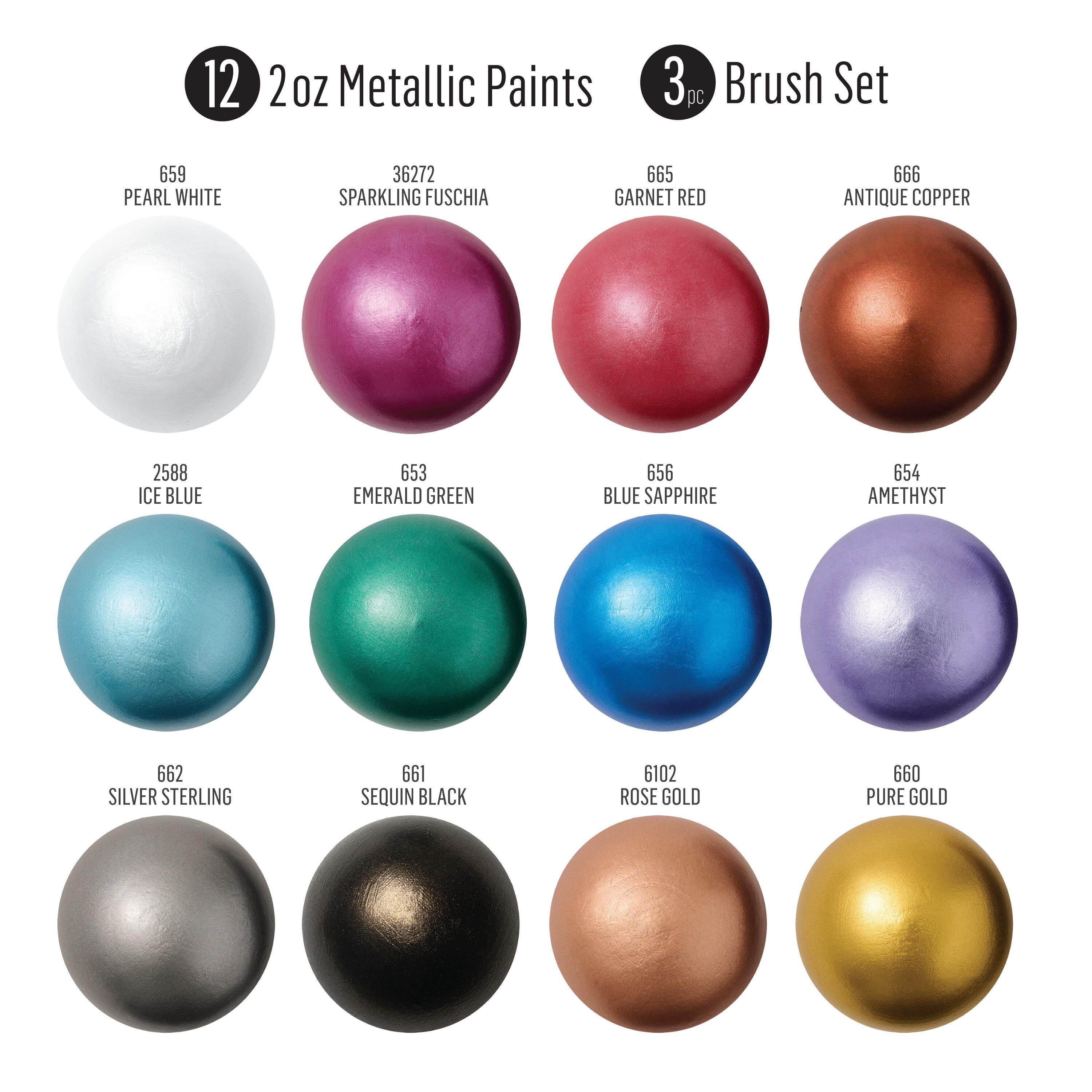 FolkArt Jewel Tone Acrylic Craft Paint Kit, 15 Piece Set Including 12 Metallic Acrylic Paints and 3 Premium Paintbrushes