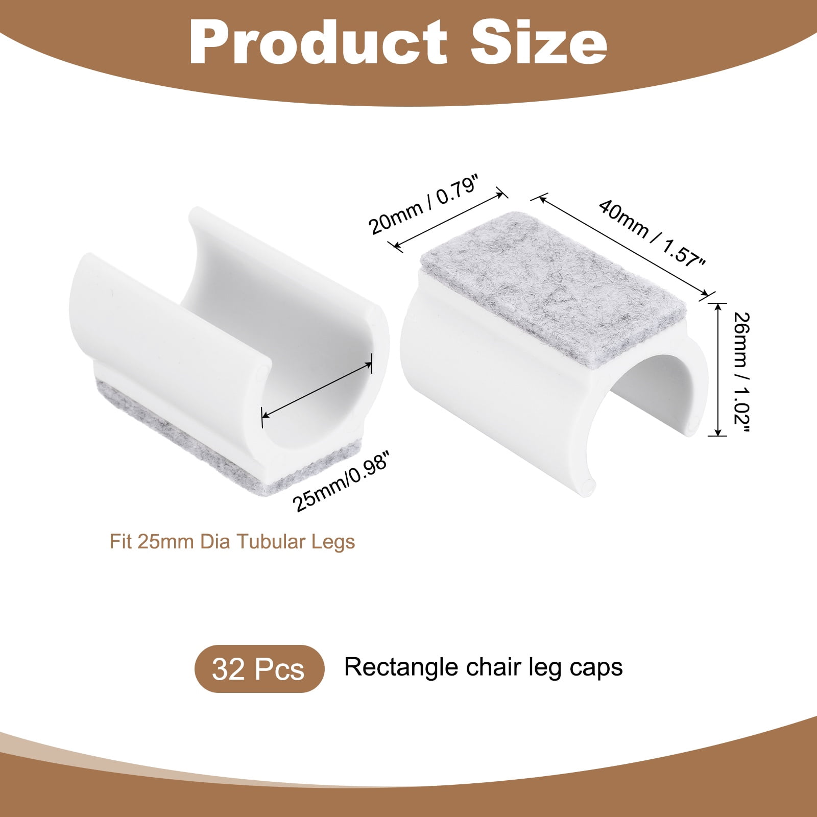 32 Pack Rectangle U Shaped Chair Leg Caps with Felt Pads, Fit 25mm Dia Tubular Legs, Slide Smoothly Furniture Feet Protectors No Scratches No Noise for Hardwood Floors, White
