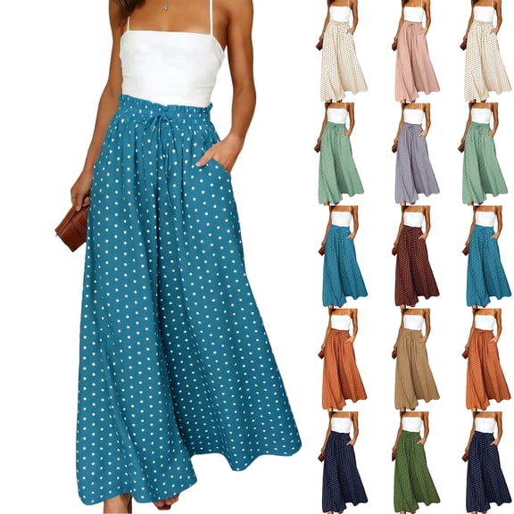 Minjewel Palazzo Pants for Women Bohemian Culottes - Elastic Waist Polka Dot Print Long Length, Wide Leg Pants for Women Casual Everyday Bottoms, Pants for Women for Summer,Army Green L