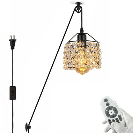 

FSLiving No Wiring Needed Pendant Light Swag with Industrial Pulley Design 15ft Plug-in Cord with Wheel Black Square Crystal Cage Iron Shade Remote Control LED Edison Bulbs Sloped Ceiling - 1 Light