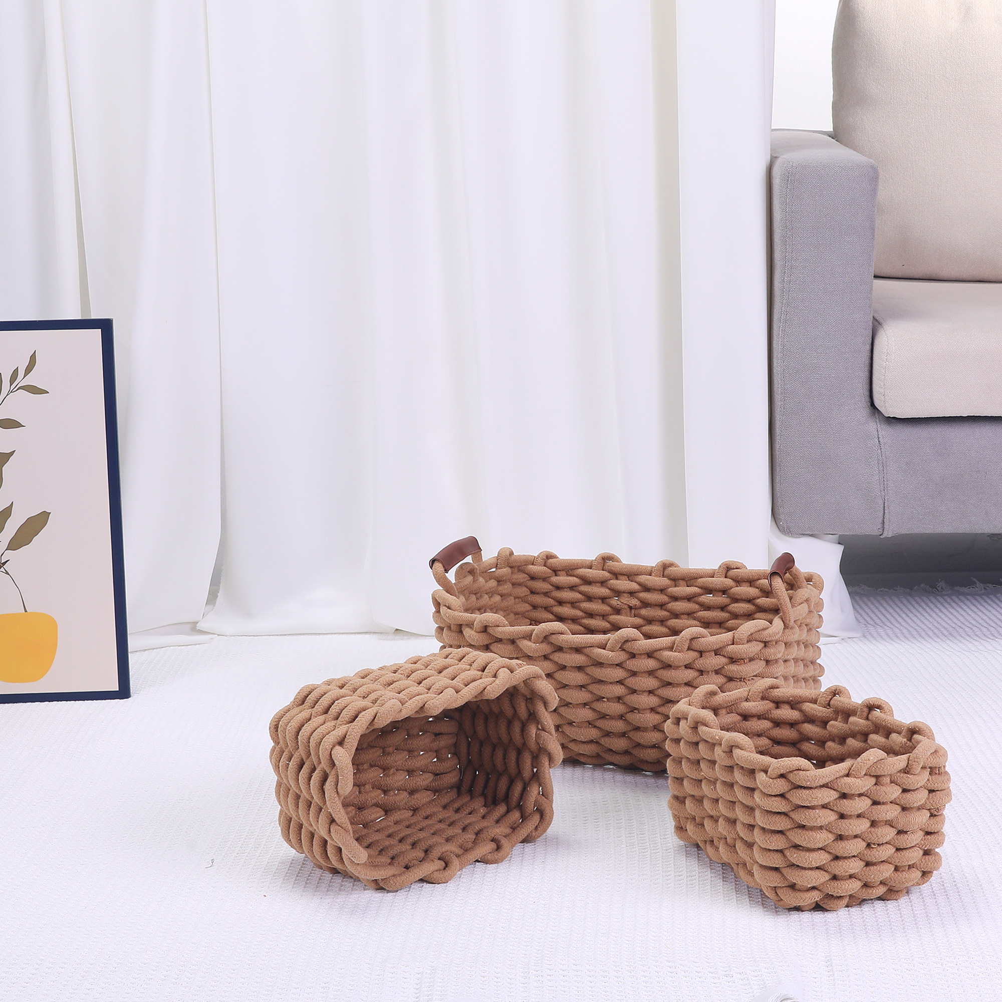 Unique Bargains Woven Storage Basket Shelf Storage Bin with Handle for Key Tray Bowl Brown