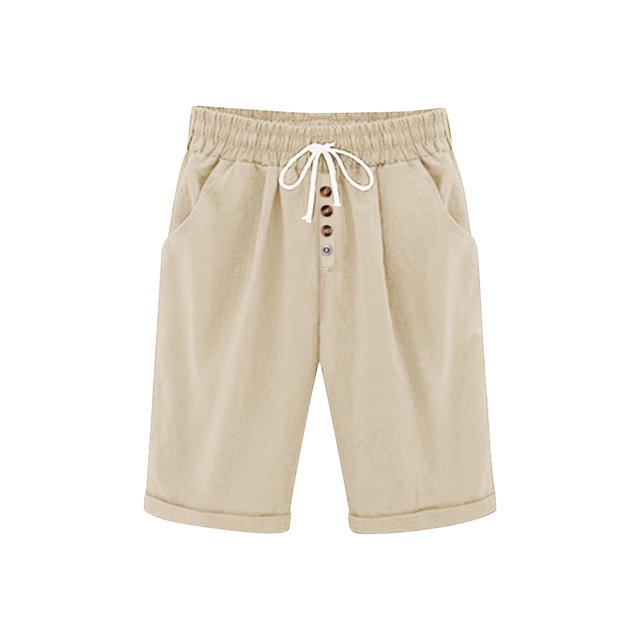 Lenpel Bermuda Shorts for Women Elastic High Waisted Drawstring Button Front Knee Length Shorts Summer Casual Shorts with Pockets