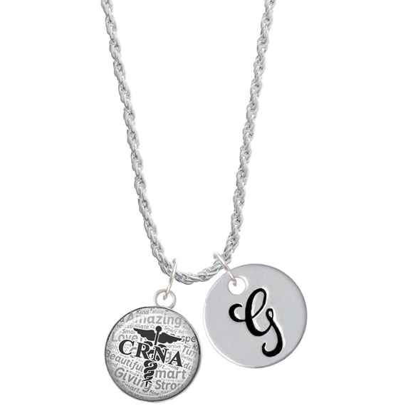 Delight Jewelry Silvertone Domed Black CRNA Silvertone Script Initial Disc - G - Charm Necklace, 20"+3"