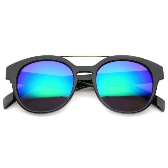 sunglassLA Unisex Modern Slim Metal Crossbar Iridescent Lens Horn Rimmed Sunglasses (Black / Green Blue Mirror) - 51mm