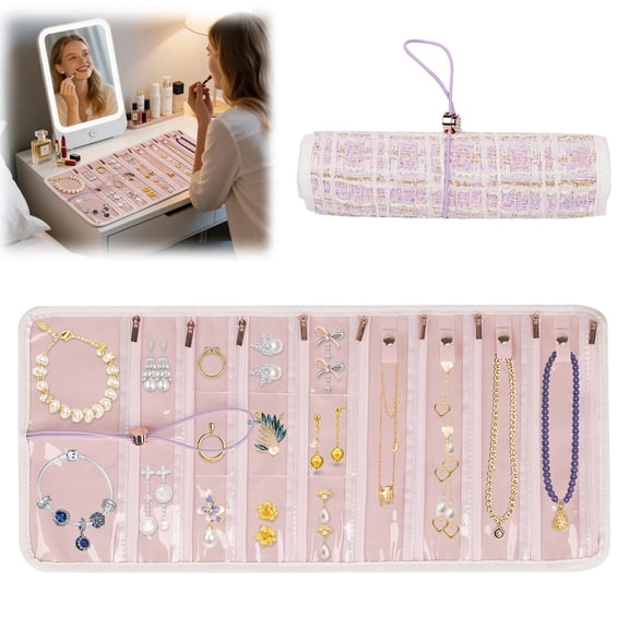Travel Jewelry Organizer Roll with Zippered Pockets | Tangle-Free Portable Jewelry Storage Bag for Women | Holder for Necklaces, Earrings, Rings, Bracelets,Purple