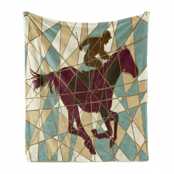 Mosaic Soft Flannel Fleece Throw Blanket, Running Stable Racehorse and Jockey Silhouettes on Pieced Background, Cozy Plush for Indoor and Outdoor Use, 60" x 80", Purple Pale Brown Teal, by Ambesonne