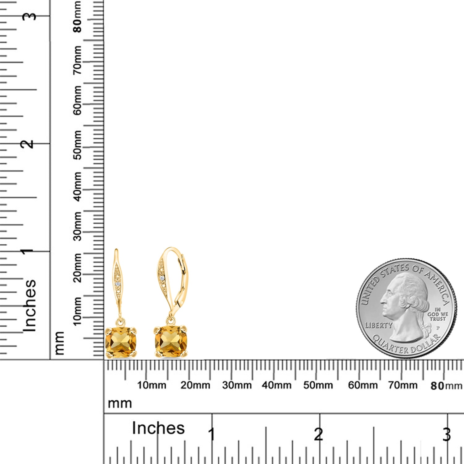 Gem Stone King 18K Yellow Gold Plated Silver Yellow Citrine and White Diamond Earrings for Women (2.81 Cttw, Gemstone November Birthstone, Cushion 7MM)