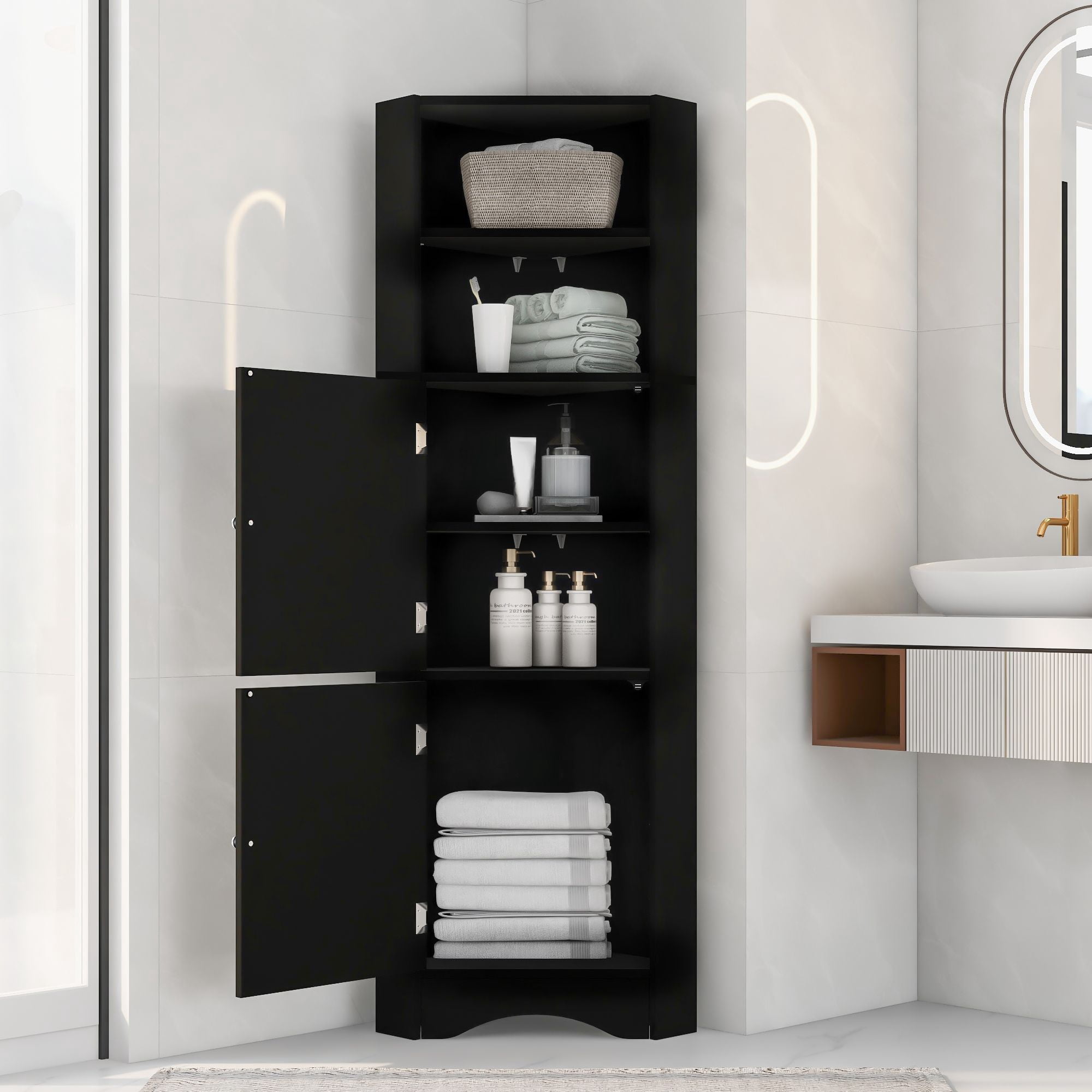 DEALTOPS Modern Tall Corner Cabinet, Freestanding Storage Cabinet with Adjustable Shelves, Black
