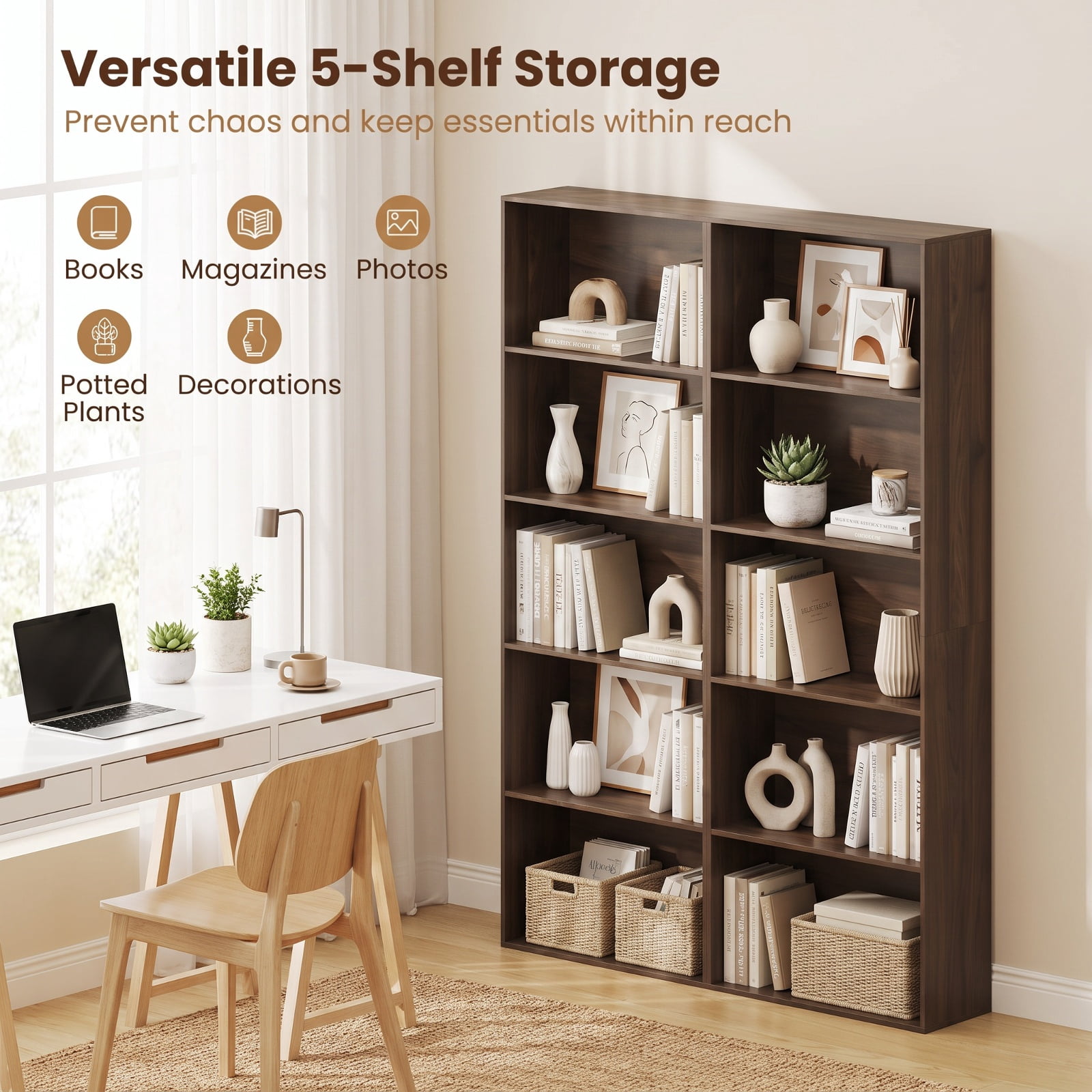 Furnibear 5-Tier Bookshelf Open Bookcase Freestanding Display Shelf Storage Organizer-Dark Walnut for Living Room Home Office Bedroom, Dark Brown