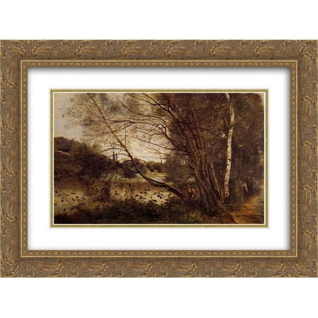 Camille Corot 2x Matted 24x20 Gold Ornate Framed Art Print 'Pond at Ville d'Avray, with Leaning Trees'