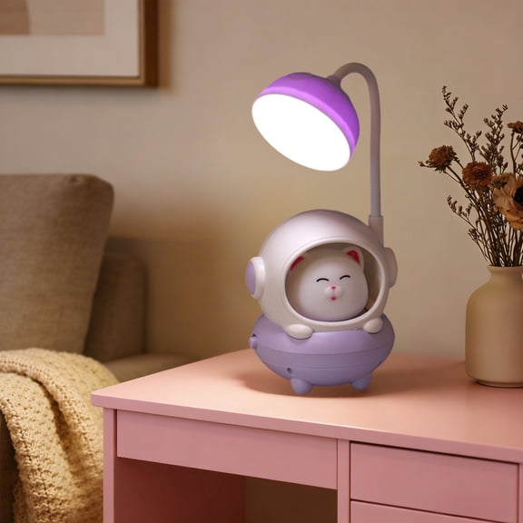Loespoir Cute Astronaut Cat Desk Lamp with Pen Container, USB Rechargeable Flexible Gooseneck Table Light, for Kids Bedroom Office Study Decor