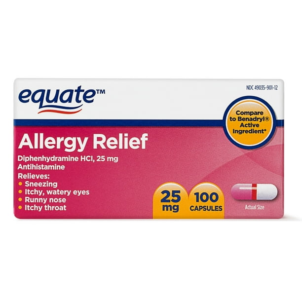 Equate Allergy Relief Diphenhydramine Hcl Capsules 25mg 100 Count