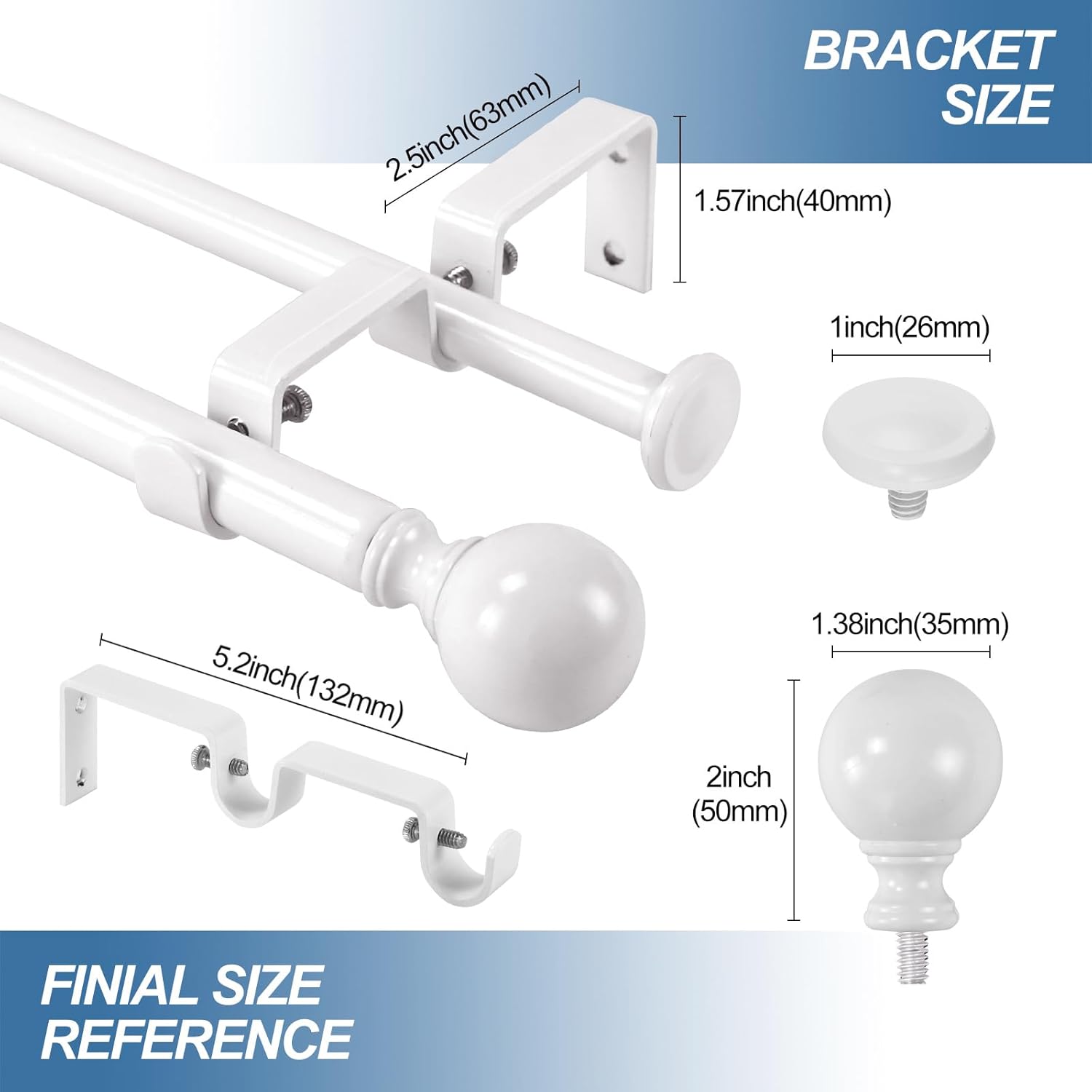 Urbanest Adjustable Double Curtain Rod Set Metal with Decorative Ball Finials, Heavy-Duty, 48"-84", Glossy White