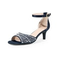 thumbnail image 3 of BLISSFUL STEP Women's Rhinestone Ankle Strap Kitten Heel Satin Sandals Dark Blue 7, 3 of 8