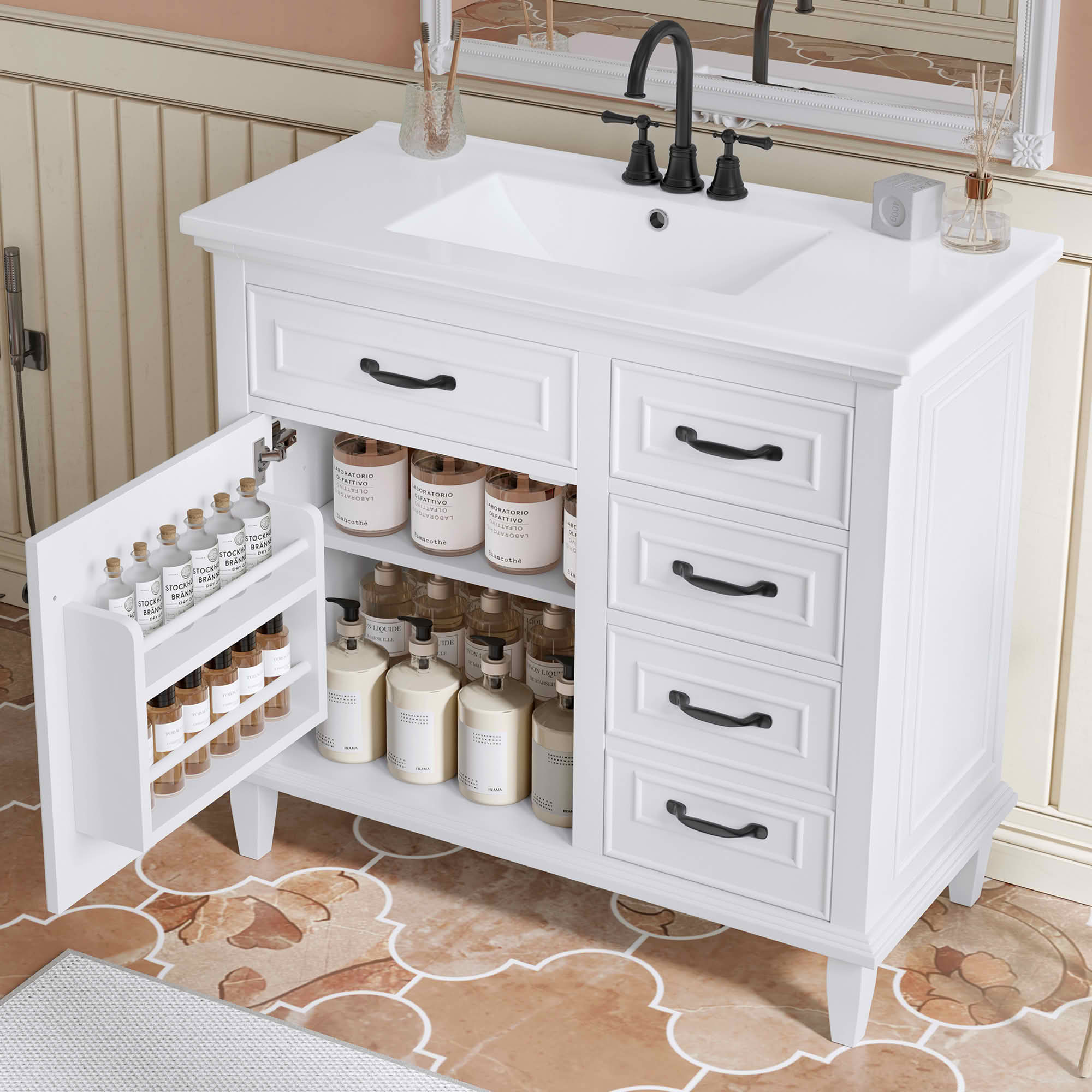 MAYEERTY 36" Bathroom Vanity Ceramic Sink Top Solid Wood MDF Poplar Cabinet Flip Drawers Adjustable Shelves Zinc Handles