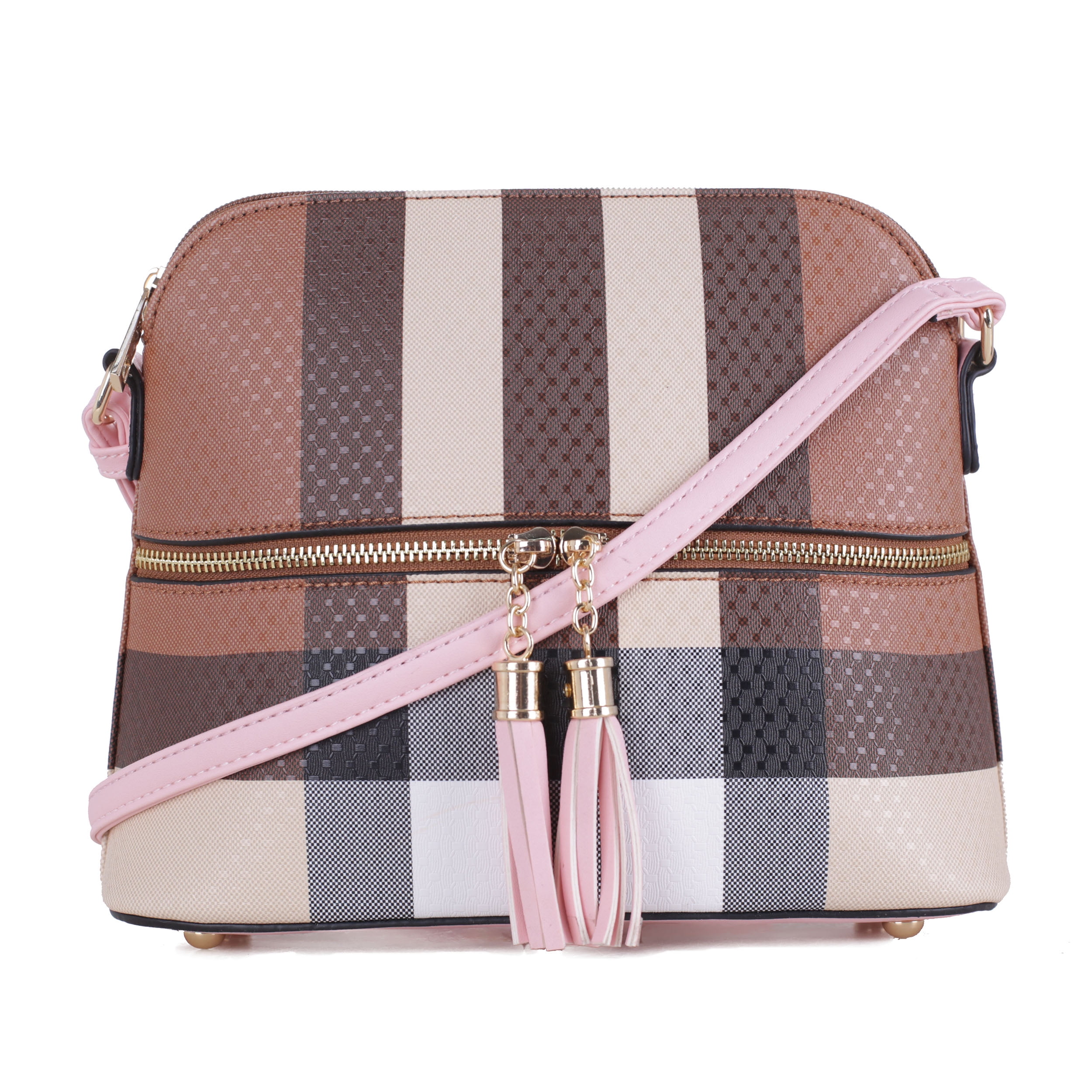 Deluxity Plaid Pattern Lady Dome Crossbody Bag with TasselBlush