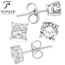 Tioneer 925 Sterling Silver Brilliant Cut Cubic Zirconia Earrings, Earrings for Women & Men, Round or Square