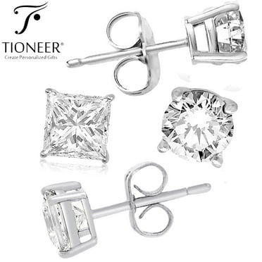 Tioneer 925 Sterling Silver Brilliant Cut Cubic Zirconia Earrings, Earrings for Women & Men, Round or Square