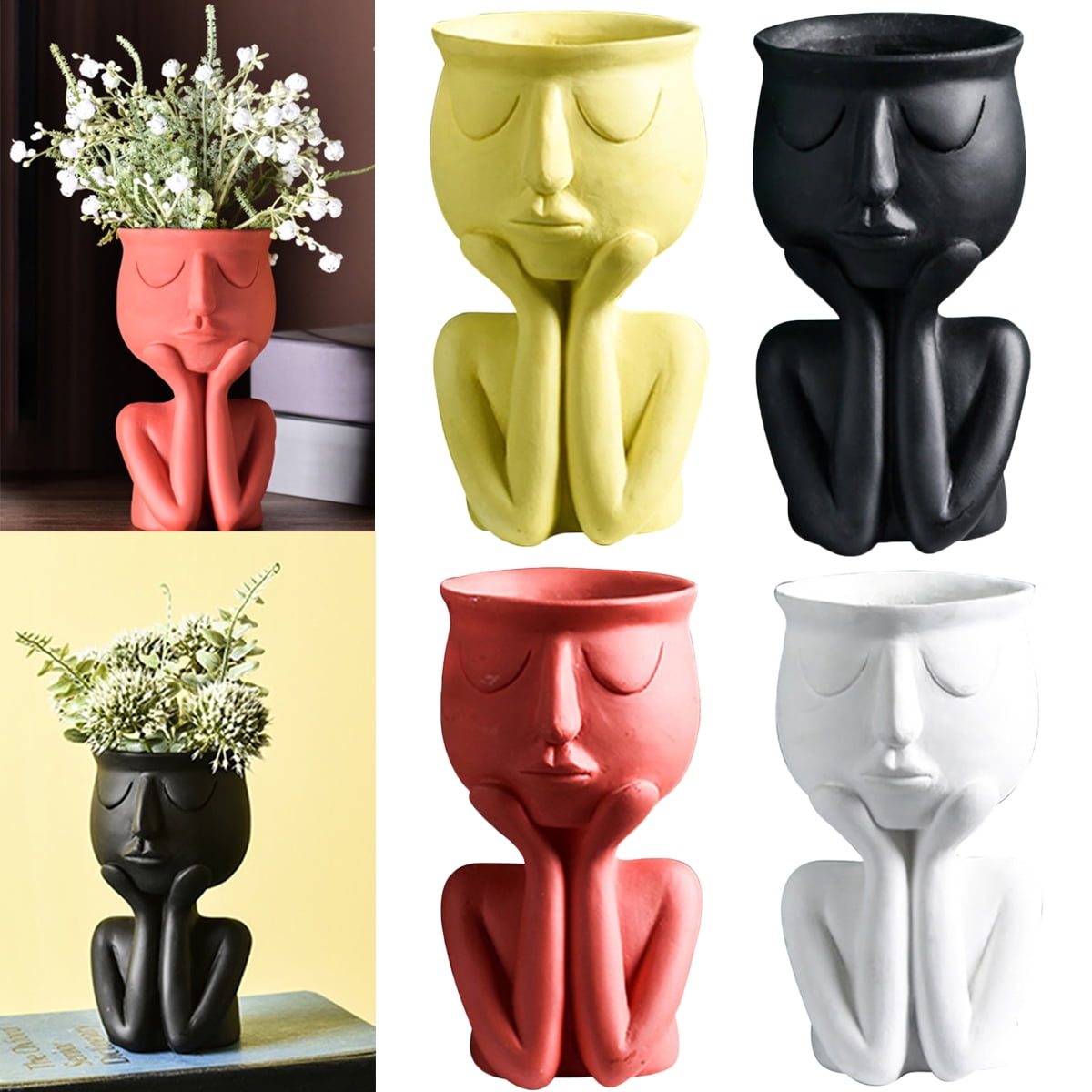 3" Tabletop Human Head Face Sculpture Flower Pot Indoor Planter Container Black 