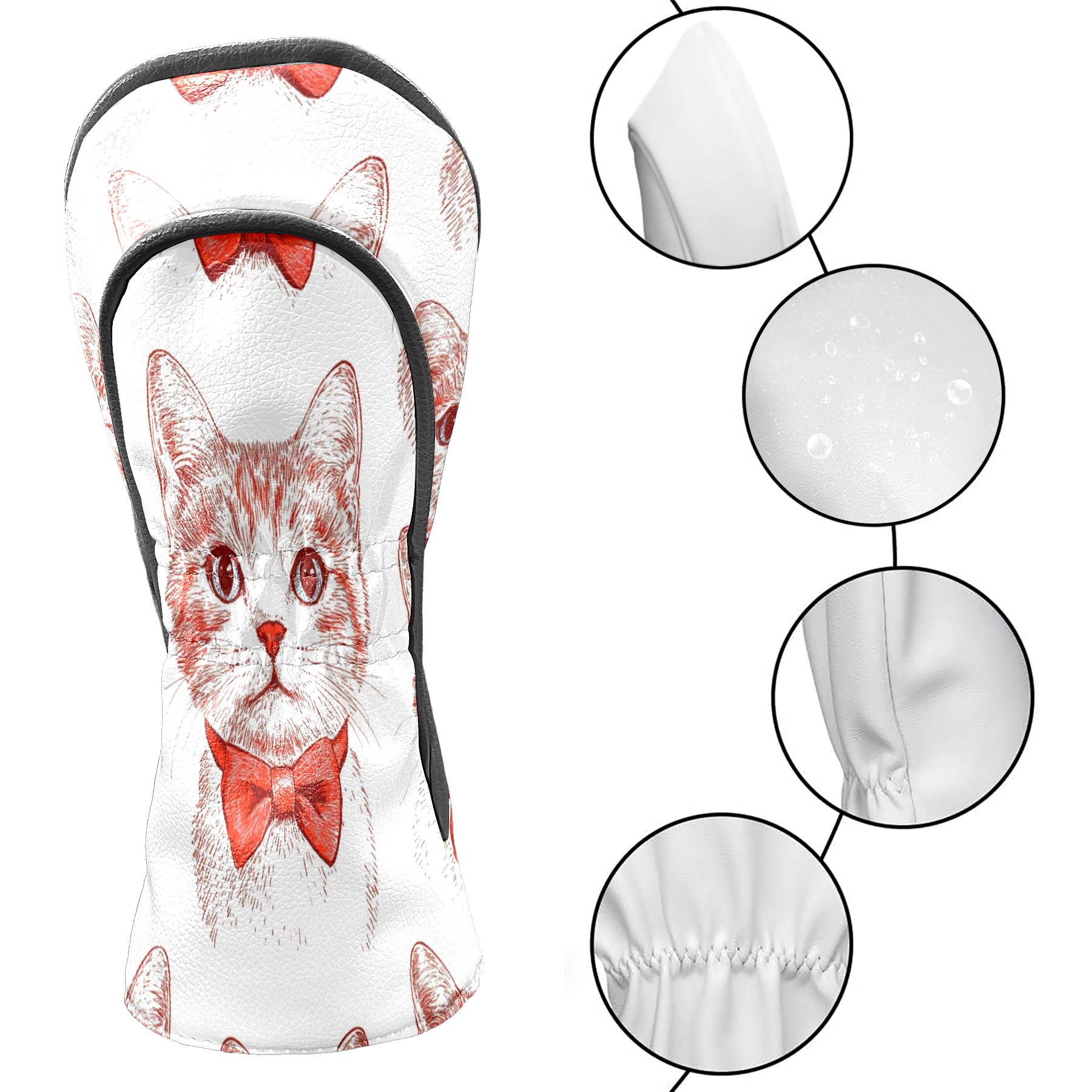Golf Club Covers PU Leather Waterproof Head Covers for Fairway Woods Hybrids Cat With Bow Tie Unisex Fits Most Brands