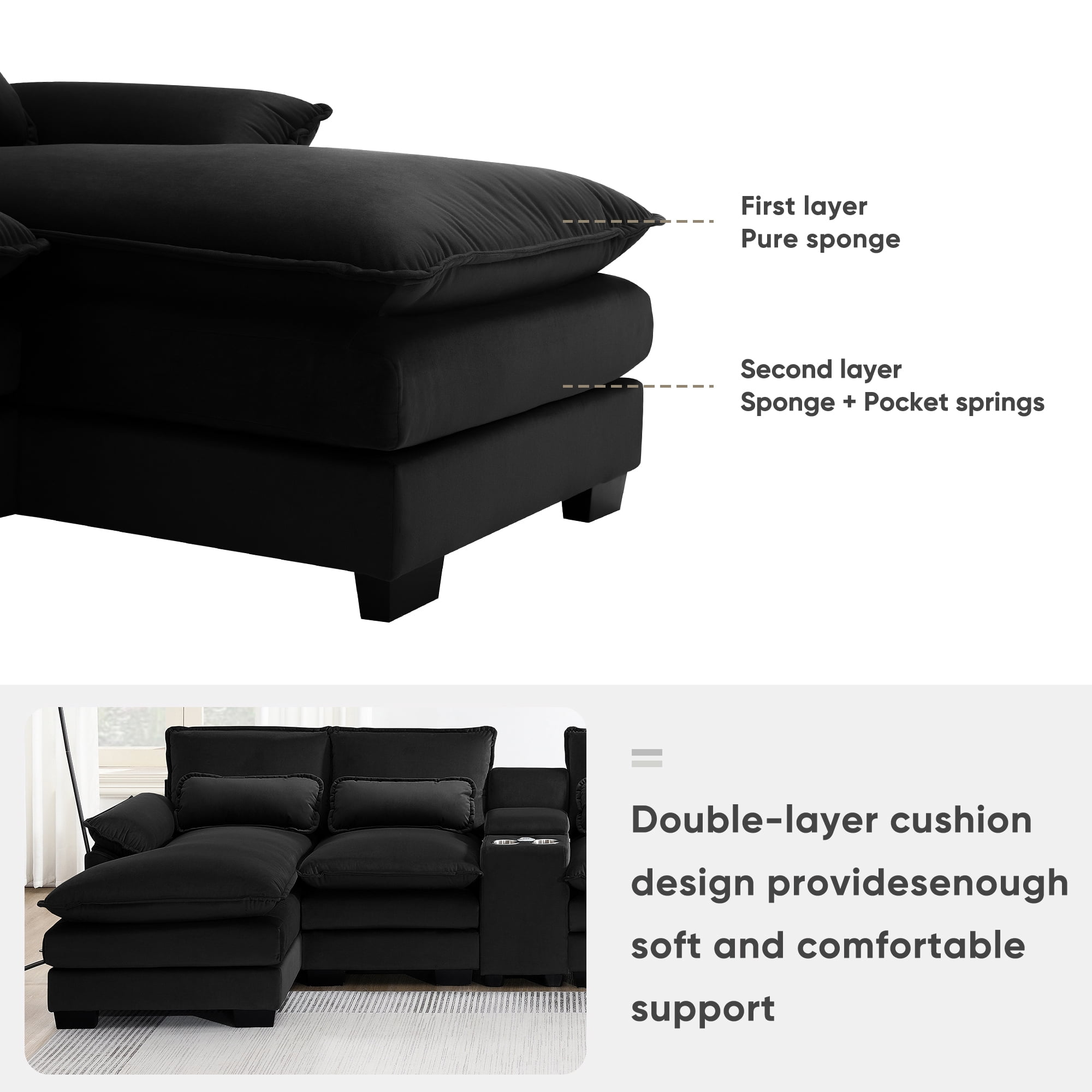 Harper & Bright Designs Sectional Sofa with Console and Cup Holders, Modern U Shaped Sofa Couch Sets with 2 Chaise Lounge, 4-seat Chenille Cloud Couch with USB Ports for Living Room Office, Black