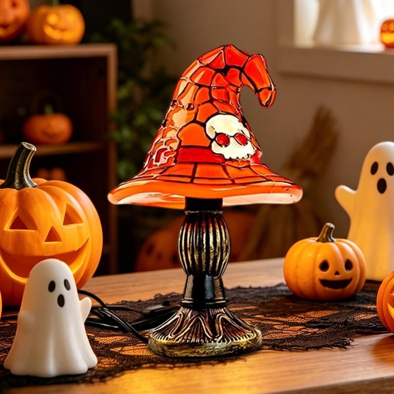 Stained Glass Witch Hat Lamp – Handcrafted Resin Gothic Night Light, USB Powered, Warm Purple & Amber Glow For Bedroom, Bookshelf, Halloween Decor