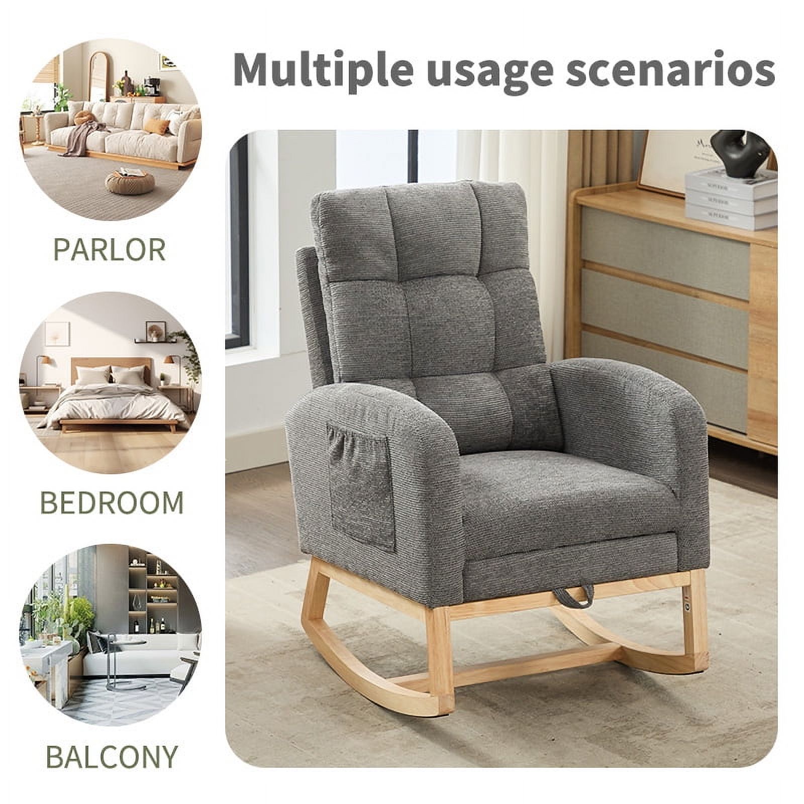 New Nursery Rocking Chair Upholstered Glider Rocker with PP Pillow & Rubber Wood Frame Modern Single Rocking Armchair for Bedroom, Living Room, Balcony, Offices