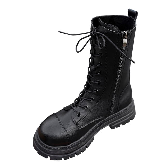 YOUSNH Ladies Leather Round Toe High Heel Solid Color Strappy Zipper Mid Large Size Boots Ankle Boots Short Boots Womens Booties Black 9