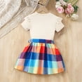 thumbnail image 4 of SGFCWSX Girls 2 Piece Outfits Ruffle Short Sleeve Heart Print Tops Belted Plaid Skirt Summer Casual Clothes Set Beige Size 4T, 4 of 8