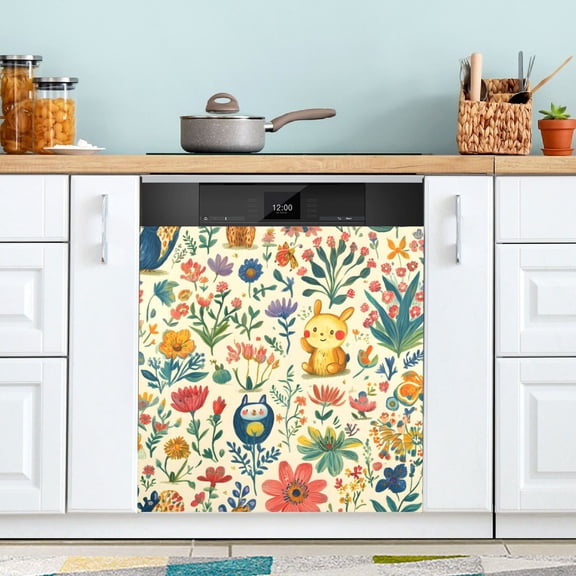 Yayeee Magnetic Dishwasher Cover for The Front Decoration Home Kitchen Machine Sticker Protector, Floral Animals