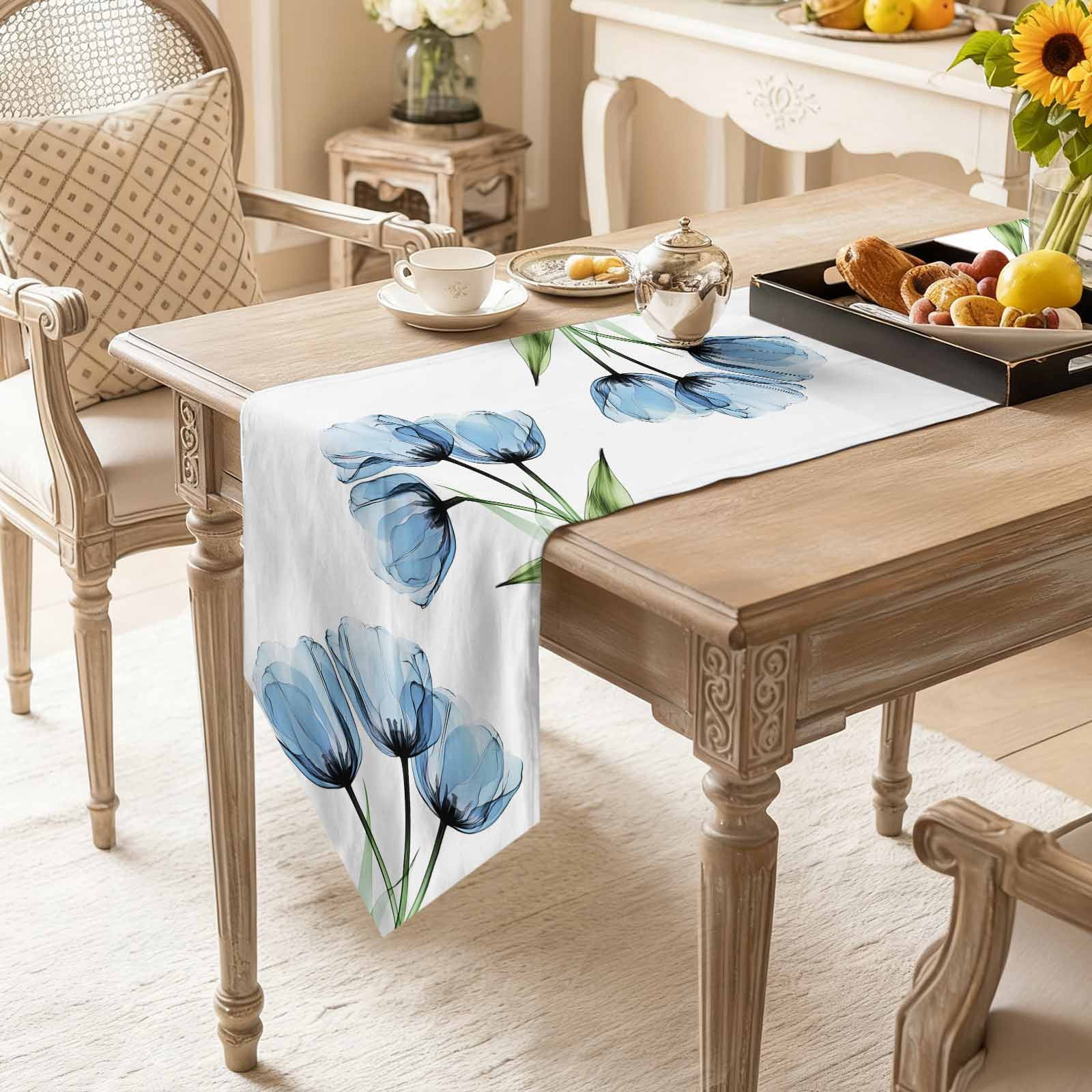 Blue Tulip Table Runner 108 Inches Long Country Flower Farmhouse Table Runners for Dining Room Tabletop Dresser Scarf Home Party Banquet Wedding Holiday Decoration